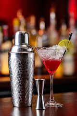 Cocktail glass with red drink, crushed ice and lime slice on the rim, standing next to a textured metal shaker and jigger on a bar counter with blurred bottles in the background
