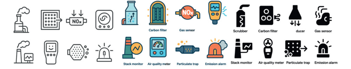 Air quality monitoring collection: pollution detection and environmental safety icons