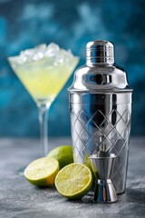 Stainless steel cocktail shaker with jigger and fresh lime in foreground, icy margarita in a glass blurred in background on blue textured backdrop