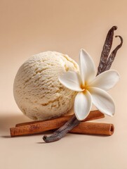 Scoop of vanilla ice cream with vanilla flower, cinnamon sticks and vanilla pods arranged in a delicate still life on soft beige background