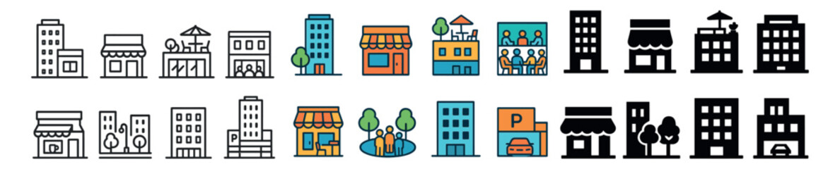Urban architecture collection, cityscape and building design elements set