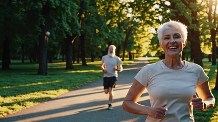 Senior woman and man jogging. Active elderly couple enjoying morning run in sunny park.  - Powered by Adobe