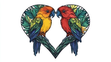 Fototapeta premium Parrots in Heart Shape, Tropical Design