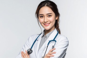 Fototapeta premium Portrait of young female doctor in a white coat with stethoscope at hospital