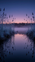 A serene sunset over a misty lake, reflecting the sky and surrounding landscape.