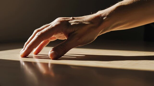 Hand reaching out towards a smooth surface in soft morning light, loop video