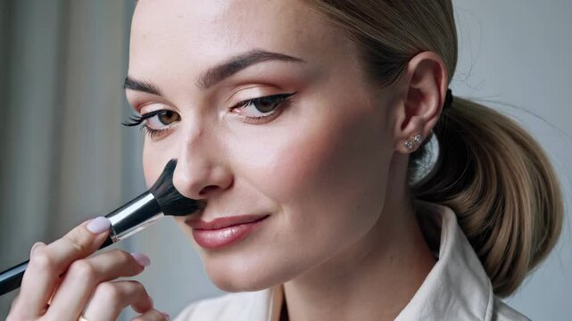 Woman applying makeup with brush. Beauty tutorial steps. Beauty routine