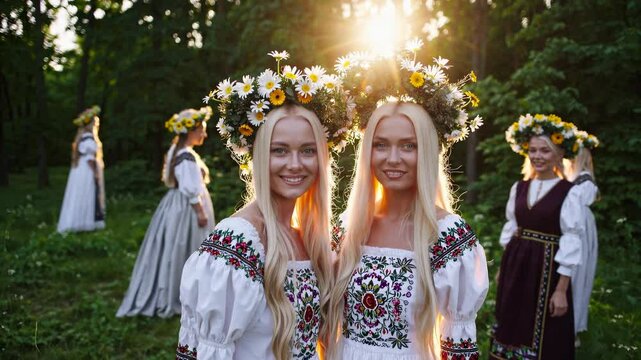 Joyful women in traditional dresses celebrating summer Solstice festival outdoors. Slavic midsummer folklore ritual. 