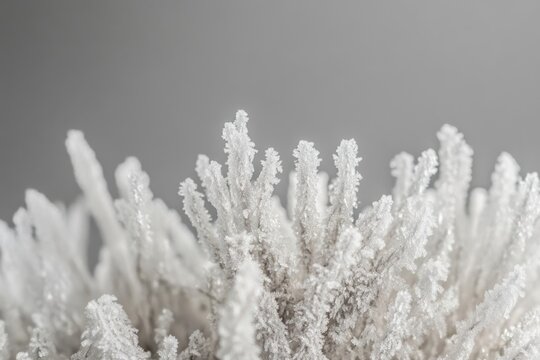 Close-up of intricate white frost formations resembling tiny icy branches against a soft grey background.