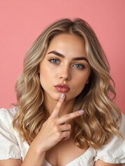 Portrait of a woman making a peace sign 
