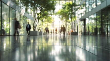 Modern Office Building Lobby Blurred Background Abstract Green Trees Sunlight People Walking Business Corporate Interior Design Architecture Spacious Hallway Tranquil    