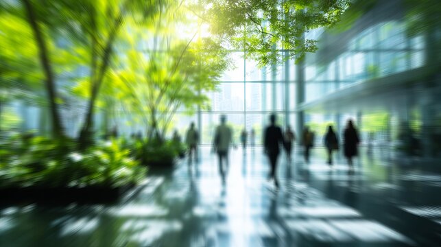 Abstract Blurred Motion People Walking Modern Office Building Green Plants Sunlight Interior Design Contemporary Business Lifestyle Dynamic Energy Fast Pace Corporate    
