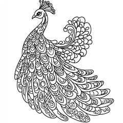 Fototapeta premium Ornate peacock outline drawing for coloring book, artistic design, printable art, pattern