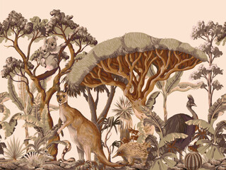 Australian landscape with animals and trees. Vector.