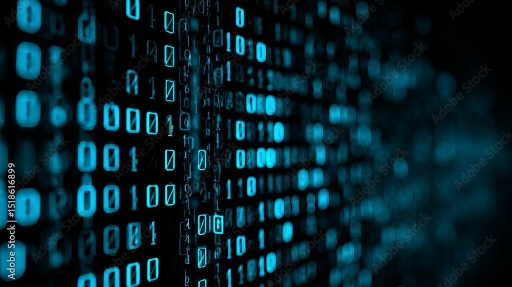 Poster abstract digital binary code background teal blue technology data stream network matrix digital numb
