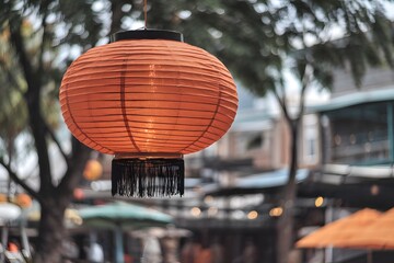 Orange Paper Lantern Hanging Outdoors, Festive Asian Decor