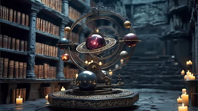 Ornate orrery with planets in a candlelit library filled with ancient books and shelves