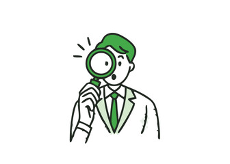 Businessman using magnifying glass to view information about his business.