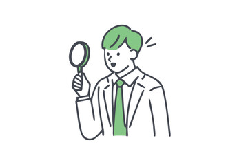 Businessman using magnifying glass to view information about his business.