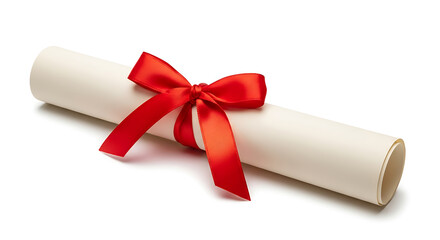 Diploma Scroll Tied with Red Ribbon Isolated on Pure White Background, Graduation Concept