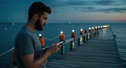 Man Uses Phone on Dock at Dusk
