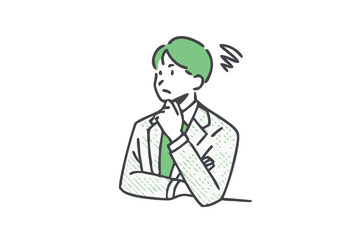 Young thoughtful guys think. Simple vector illustration material of a worried young businessman holding his head with a speech bubble.