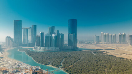 Buildings on Al Reem island in Abu Dhabi timelapse from above.