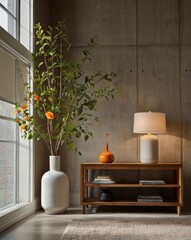 Modern living room corner with a large vase, lamp, and wooden console table
