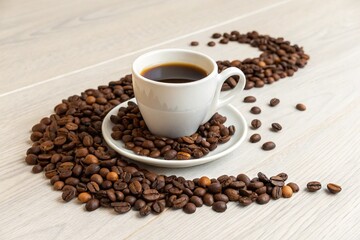 Naklejka premium Cup of strong coffee in a minimalist setting, surrounded by naturally arranged roasted coffee beans.