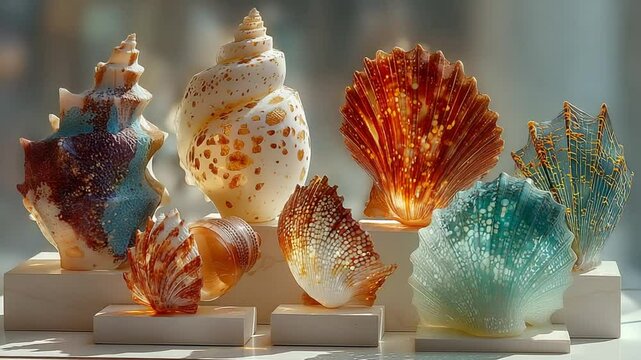 Exquisite collection of artistic glass seashells displayed in elegant arrangements under soft light