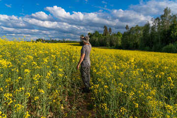 Fototapeta premium a farmer looks over a rapeseed field