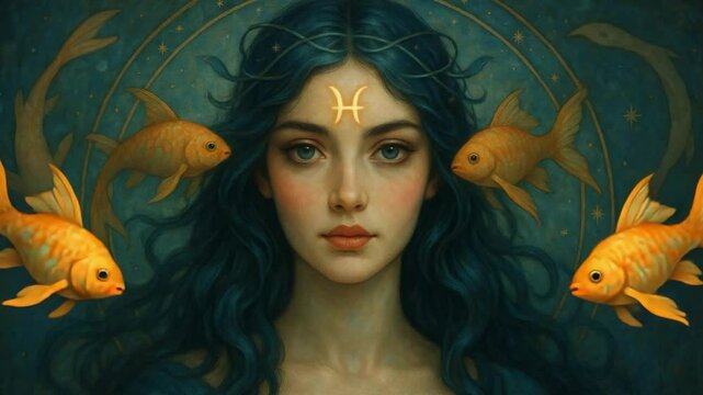 Woman with blue hair and goldfish in mystical underwater setting during night sky, fish zodiac