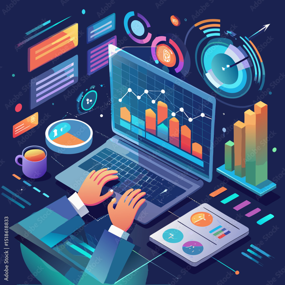 Poster data analyst working on laptop with colorful charts and graphs