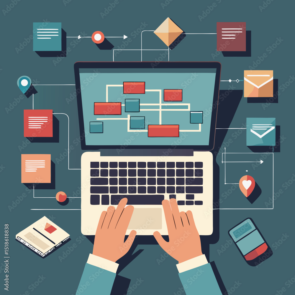 Poster top view of person working on laptop with flowchart and connected icons