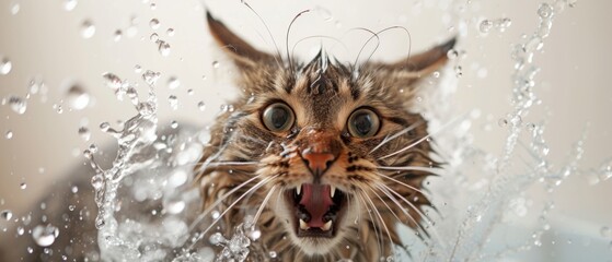 A wet tabby cat with wide, startled eyes and an open mouth reacts to a bath. Water droplets splash around in mid-air, emphasizing its dramatic expression