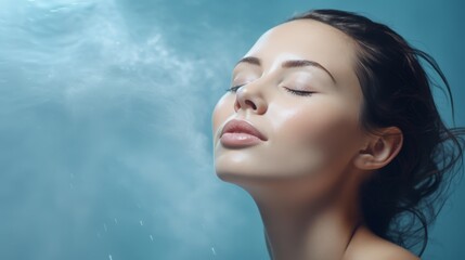 Peaceful woman with glowing skin and closed eyes enjoying a cool water mist. The soft blue background enhances the tranquil and rejuvenating atmosphere