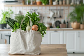 Reusable cotton bag filled with cucumbers, lettuce, onions, parsley, and leafy greens placed on a wooden kitchen table with a soft-focus white interior background.