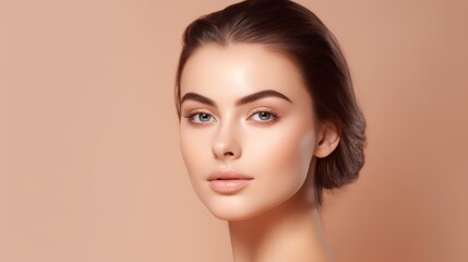 Close-up portrait of a young woman with flawless skin, striking blue eyes, and a sleek brunette updo. Her poised expression and soft lighting enhance her natural beauty against a warm background