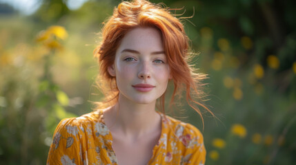 Freckled red-haired woman with loose updo and floral yellow dress sitting outdoors in a sunlit field, softly smiling amid blurred wildflowers and greenery