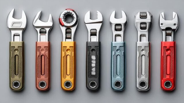 Collection of Modern Adjustable Wrenches with Metallic Handles in Various Colors and Finishes