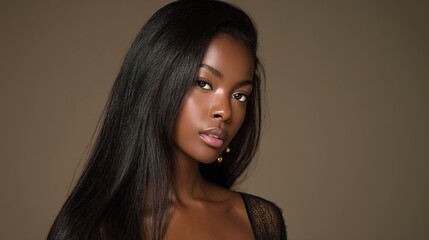 Naklejka premium Beautiful Black Woman Portrait Stunning Long Hair Natural Makeup Elegant Style Fashion Model Beauty Photography Studio Shot Brown Background High Fashion Image girl skin 