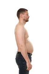 Man with belly on white background, side view