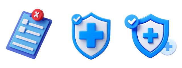 3d blue clipboard medical icons and checklist shield plus sign isolated on transparent background