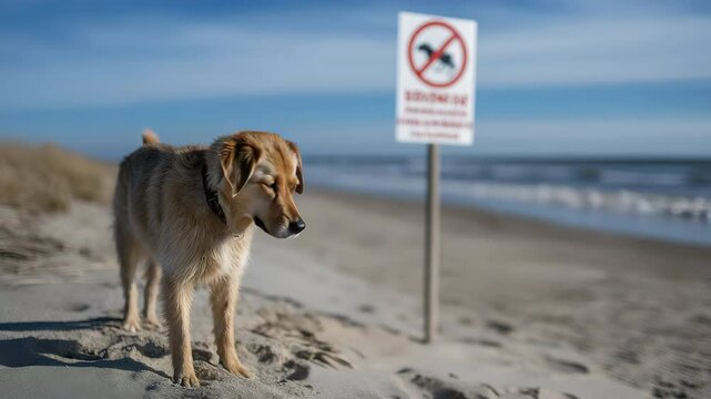 Curious dog exploring beach near warning sign on a sunny day
