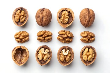 Walnuts whole and halves isolated on white background, top view