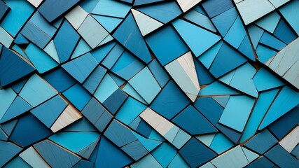 Shades of blue wood mosaic art abstract pattern of shapes
