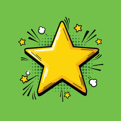 pop art star symbol with comic outlines and vibrant doodle bursts on lime green