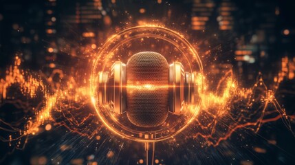 Golden microphone surrounded by vibrant audio waves for music promotion and events