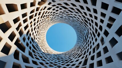 Modern building facade with a circular opening and geometric pattern against a blue sky