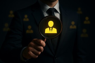 Businessman using magnifying glass to find ideal candidate